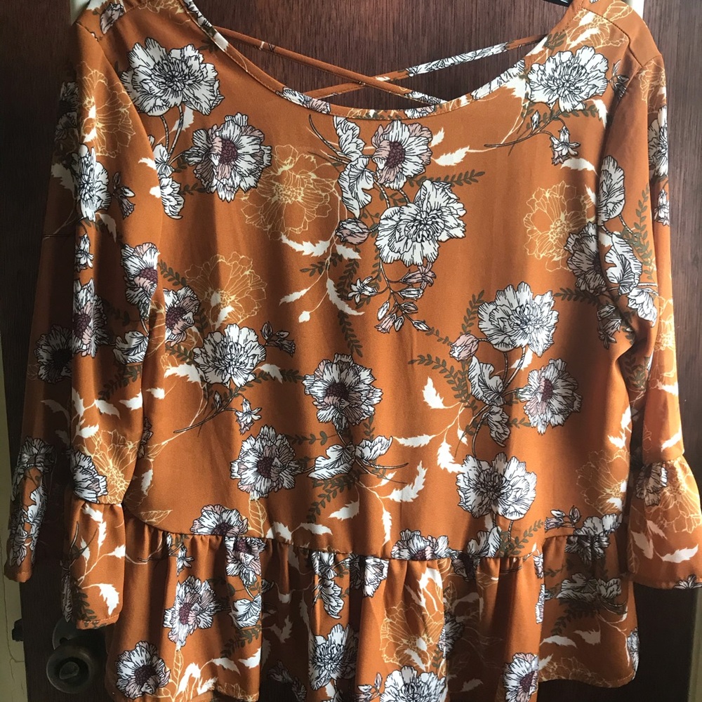 Floral cross ruffle sleeve rust orange